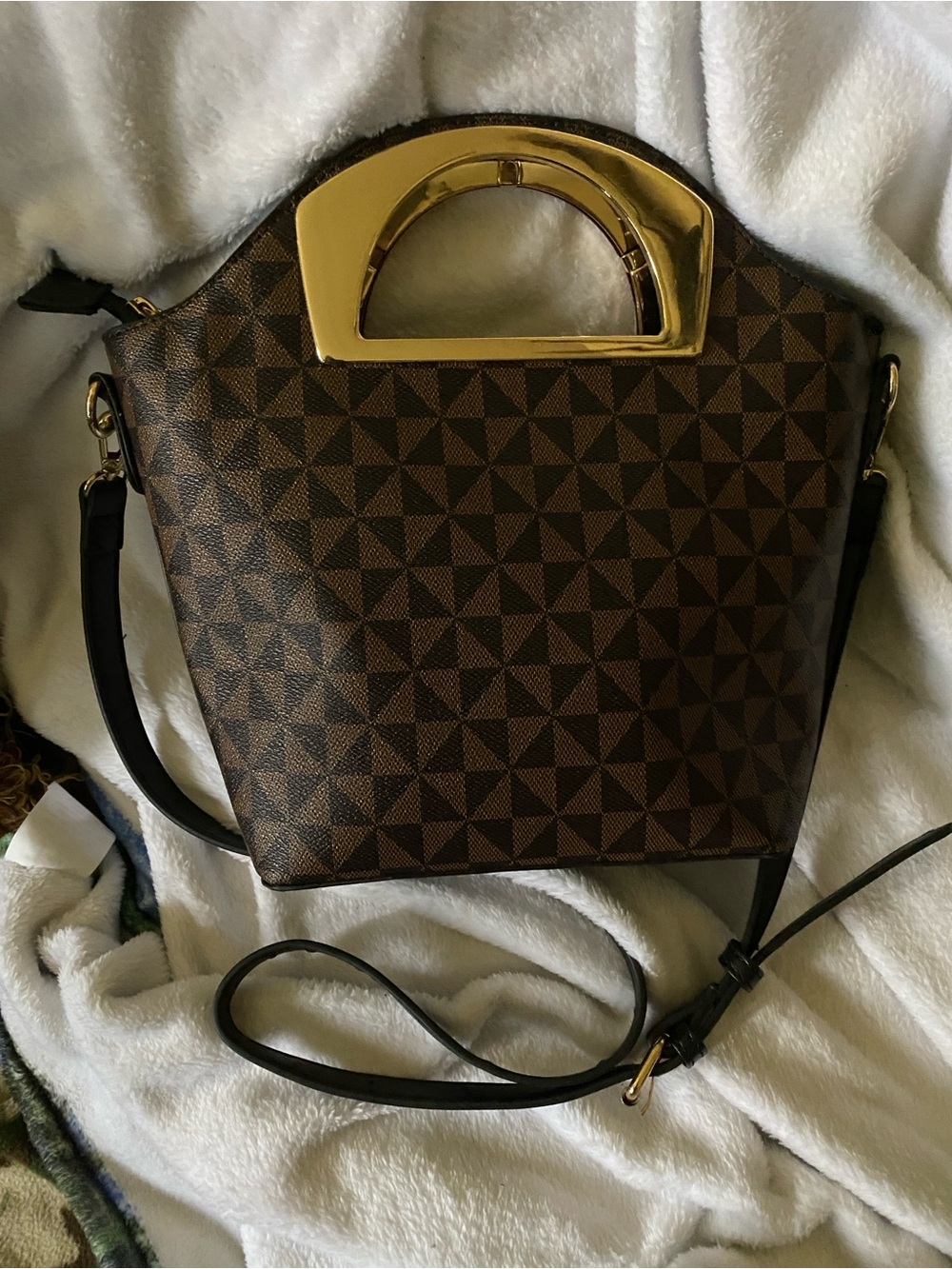 Geometric Brown Shoulder Bag with Gold Handle